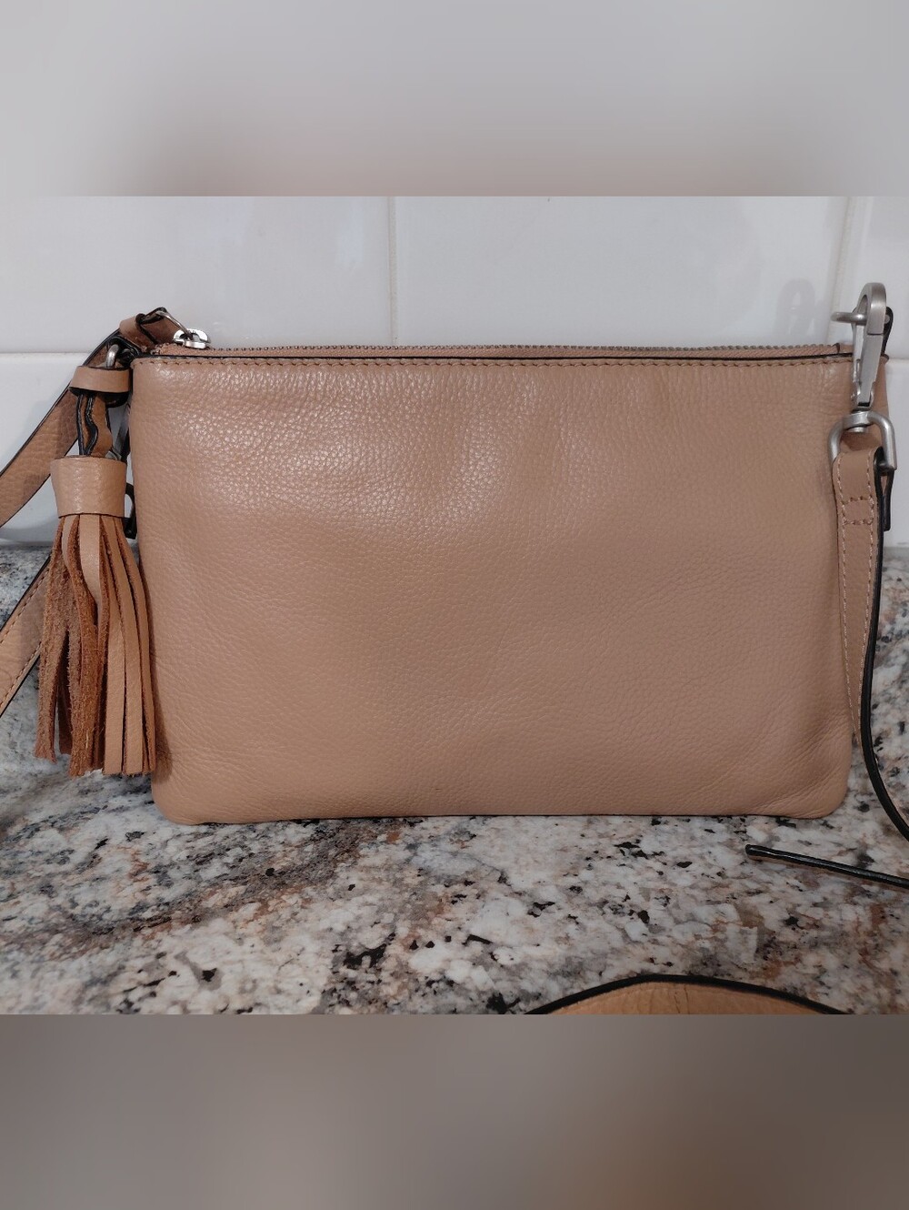 J. Jill Tan Beige Pebbled Leather Crossbody With Tassel